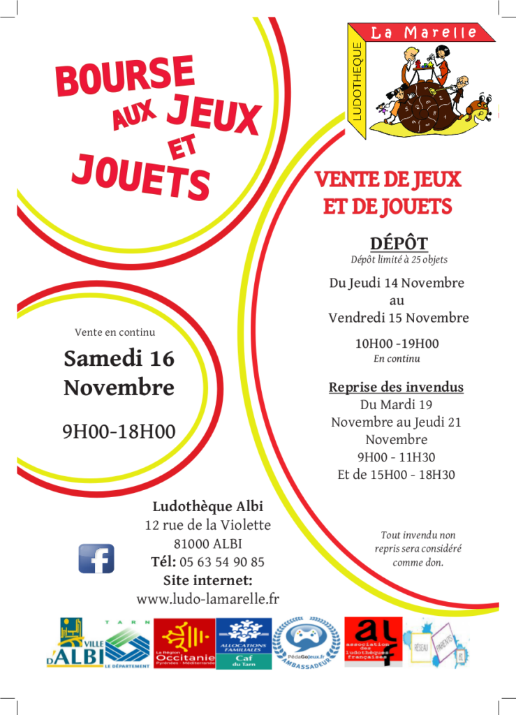 Affiche bourse aux jeux 2019  ludothèque la marelle Albi.